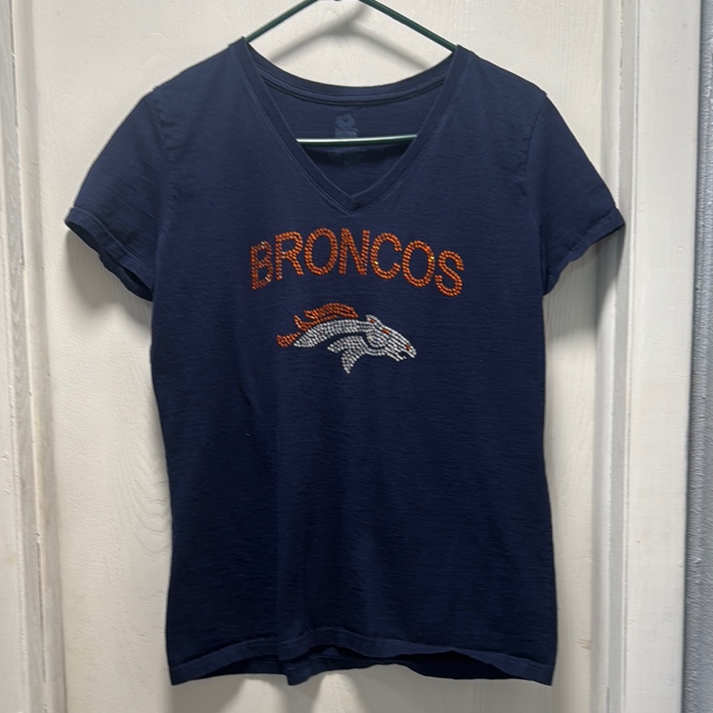 Broncos Navy V-Neck T-Shirt with Rhinestones